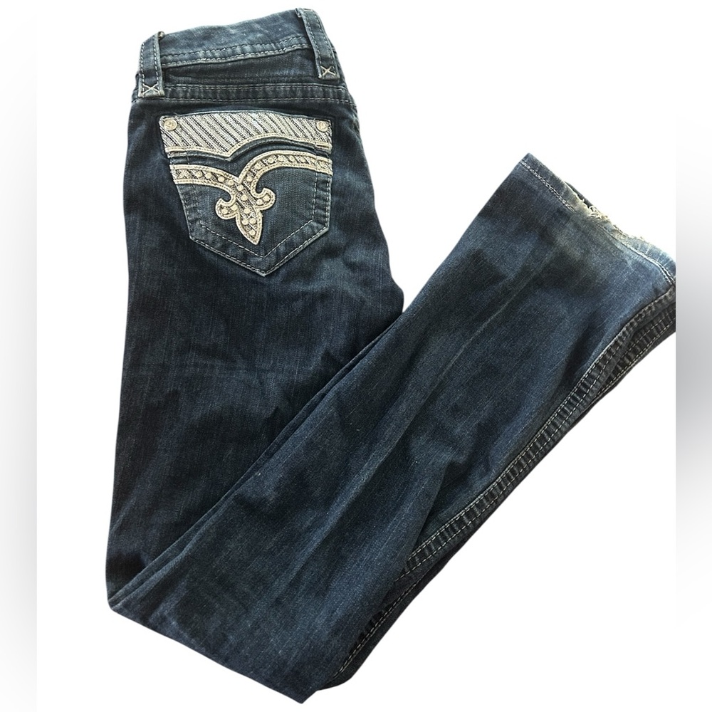 Rock Revival Dark Blue Boot Cut Jeans with Embellished Pockets
